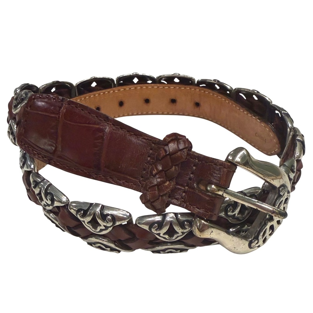 Vintage 1996 Brighton Brown Braided Leather Belt Silver Western Concho Boho